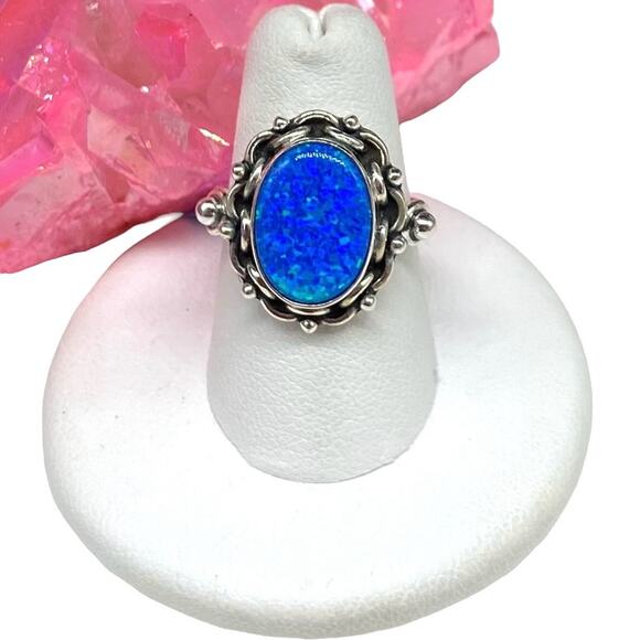Blue Fire Opal Ring Size 7.5 Solid 925 Sterling Silver Oval Boho Stone - Picture 1 of 8